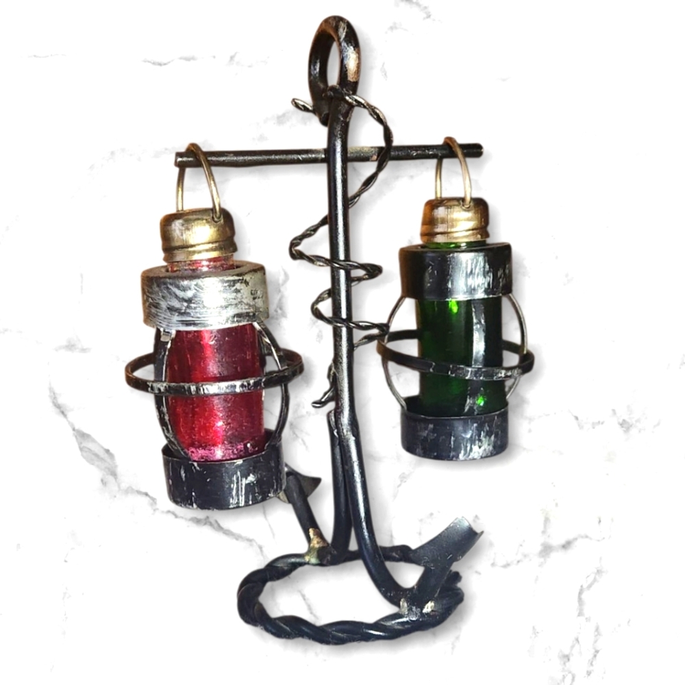 Vintage Nautical Hanging Glass Lantern Salt & Pepper Shakers-Metal Anchor Stand
